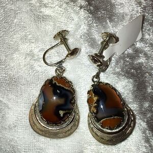 Vintage Silver Tone and Agate Screw Back West Germany Earrings